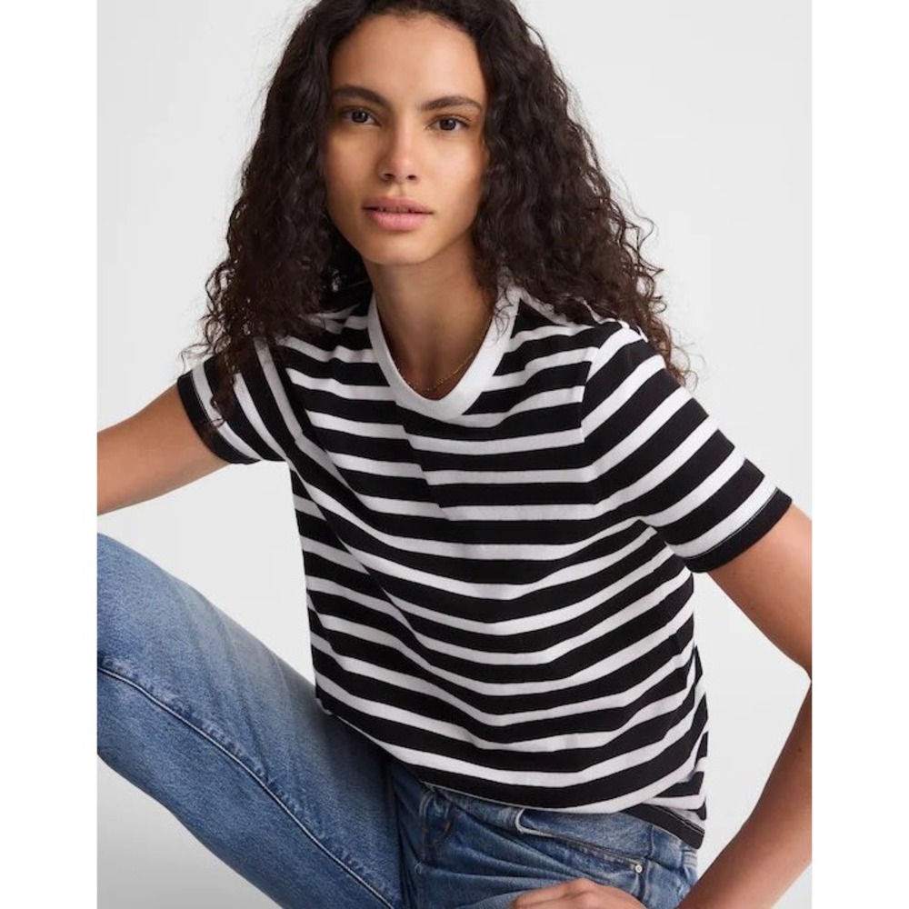 Madewell The Perfect Crewneck Tee in Allday Jersey Striped Black White NY733 XS